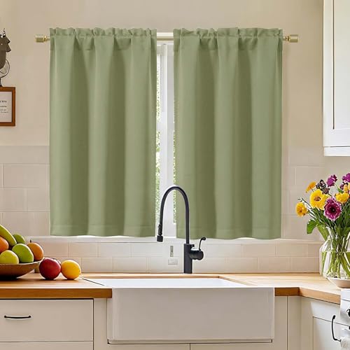"Simplebrand Sage Green Blackout Curtains 45 inch Length 2 Panels, Thermal Insulating Energy Saving Tiers Drapes with Rod Pocket, Small Window Drapes Black Out Bathroom Laundry Room RV, Each 30""Wx45""L"