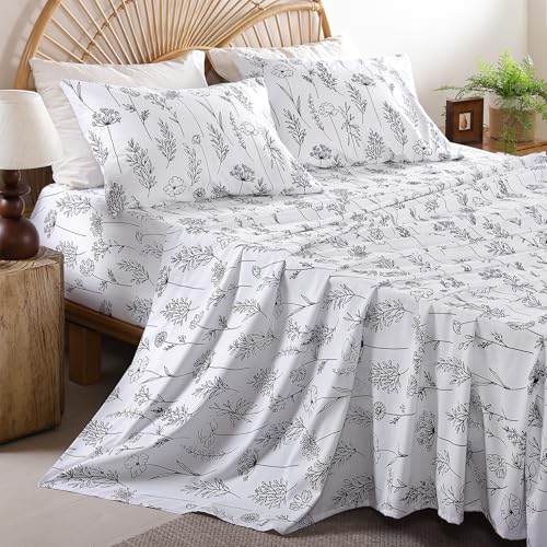 Full Size Sheet Set, 4 Piece Floral Printed Bed Sheets, Deep Pockets - Breathable and Cooling Microfiber, Wrinkle Free, Hotel Luxury Bed Sheet for Women & Men, Oeko-Tex