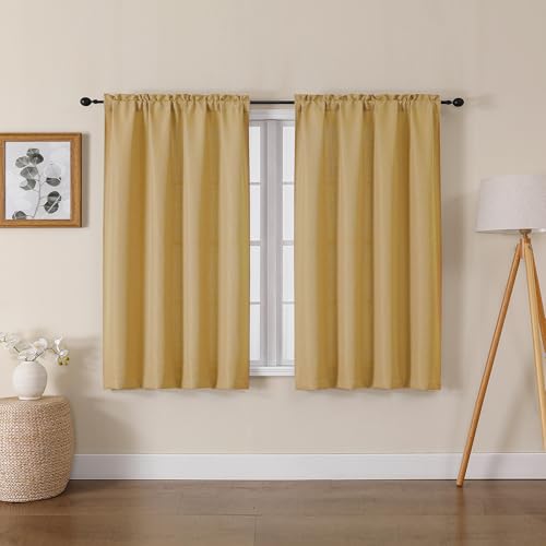 Lecloud Bessie Gold Short Curtains 45 Inch Length 2 Panels, Faux Linen Light Filtering Curtains with Dual Rod Pocket, Farmhouse Small Window Curtain for Bedroom Living Room, Each 30 W x 45 L