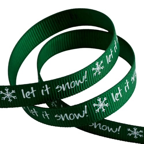 Italian Options Green Let It Snow Grosgrain Ribbon, Christmas Ribbon for Crafts, Gift Wrapping, Wreaths, Tree Decorations, Hair Bows, Green, White Print, 9 mm x 5 Metre Roll
