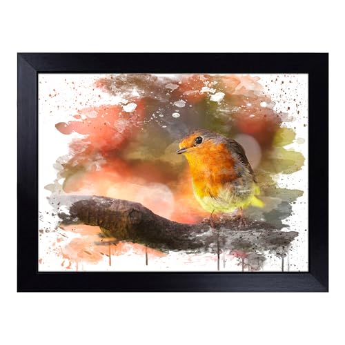 Lap Tray with Bean Bag Cushion, Robin Bird Blurred Background - Handmade in the UK, Raised Wooden Edge, Padded Cushion, Heat-Resistant Wipe-Clean Surface, for Meals, Laptops and Crafts