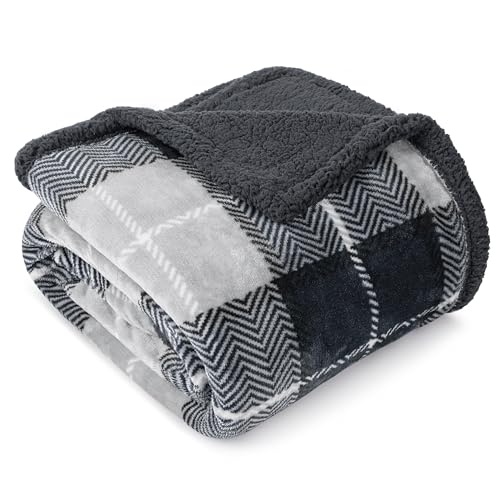 PAVILIA Charcoal Dark Grey Plaid Sherpa Throw Blanket for Couch Twin, Plush Flannel Fleece, Soft Fuzzy Cabin for Sofa Bed, Warm Cozy Winter Gift, 60x80