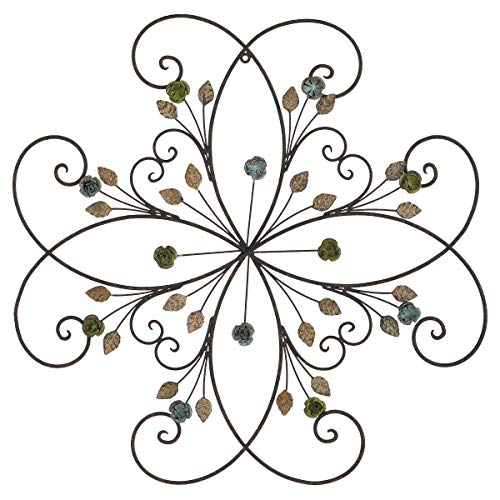 "Lechesis Flower and Leaf Metal Scroll Wall Art Decor, Handmade Large Rustic Floral Scroll Wrought Iron Wall Hanging Art Sculptures Decorative, 24"" x 24"""