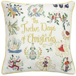 Furn Twelve Days of Christmas Embroidered Cushion with Polyester Pad ??? Embroidered Printed Piped Trim (Gold ??? 50 x 50 cm)