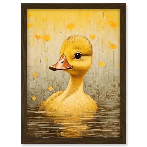 Artery8 Yellow Duckling Kids Bedroom Baby Nursery Calm Elegant Artwork Framed A3 Wall Art Print