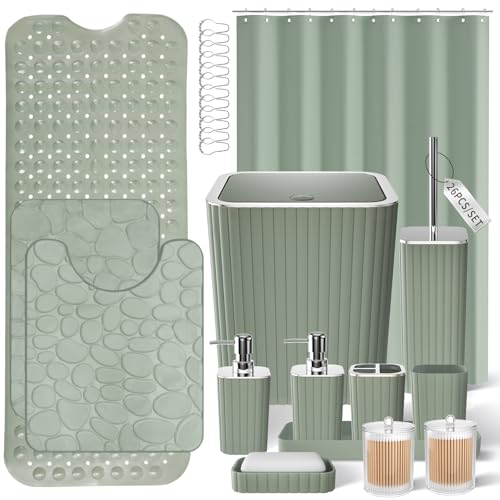 XLHOMO 26PC Bathroom Accessories Set - Gorgeous Bathroom Set, Sage Green Bathroom Accessory Set, Shower Curtain Set with Bathtub Mats for Shower Tub, Trash Can & Soap Dispenser