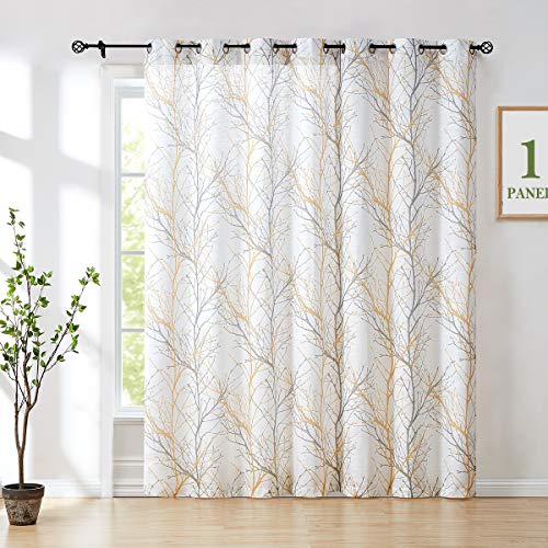 "Fmfunctex Yellow-Grey Tree Curtain for Patio Door 100"" Extra Wide 96"" Sliding Door Panel Branch Print Linen Textured Privacy Semi Sheer Curtain Drapes 1 Panel 8ft"