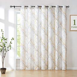"Fmfunctex Yellow-Grey Tree Curtain for Patio Door 100"" Extra Wide 96"" Sliding Door Panel Branch Print Linen Textured Privacy Semi Sheer Curtain Drapes 1 Panel 8ft"