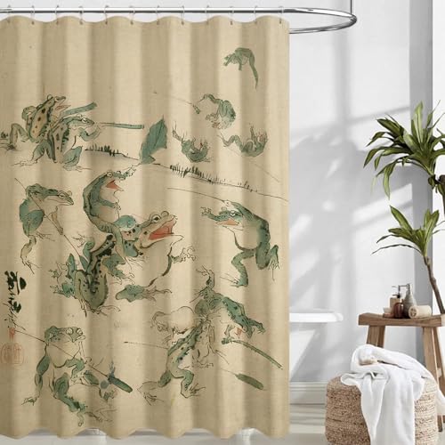 De-Mediocre Linen Fabric Funny Frog Shower Curtain - Japanese Retro Bathroom Decor with 12 Hooks, Waterproof Natural Linen, 72x72 Inches