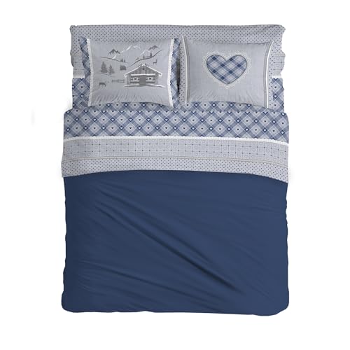 PENSIERI DELICATI Double Bed Set, 100% Cotton, Complete Double Bed Sheet Set, 180 x 200 cm, Including Bottom Sheet, Top and 2 Pillowcases, Made in Italy, Blue Chalet Design