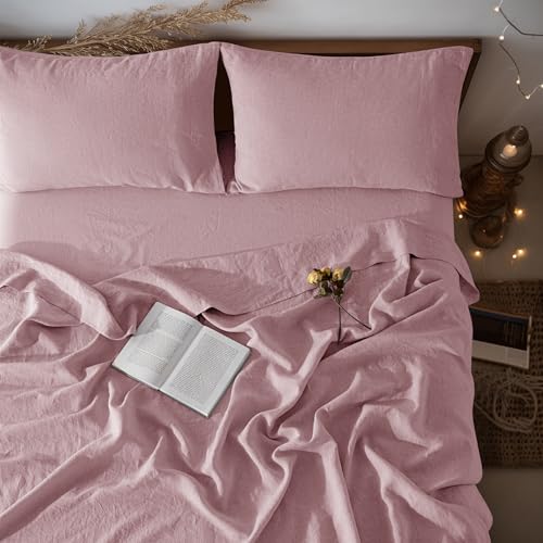 "LBRO2M 100% Pure Linen Sheet Set Deep Pocket Up to 16"" Bed Sheets Sets, Natural Flax Beddings Soft, Breathable, Comfortable for All Seasons 4 Pcs Sheet Set Queen Size, Embroidery Purple"