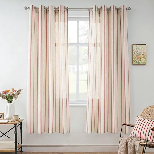 DriftAway Farmhouse Curtains for Living Room Vertical Striped Linen Curtains Semi Sheer Light Filtering Grommet Window Treatments, 63 Inches Long, 2 Panels, Pinstripe Red on Beige