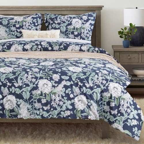 "DAUAOTO Duvet Cover Queen Size Set - 90""x90"" Cover + 2 Shams, 100% Cotton Print Bedding Sets, Dark Garden Pattern, Bloom Floral Blue"