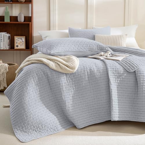 "Sanracie Stonewashed Cotton Coverlet Queen Size(90""x98""), Ultra Soft Cornflower Blue Crinkle Quilt Bedding Set 3Pcs Cross Stitch Pattern Lightweight Breathable Bedspread Set for All Season"