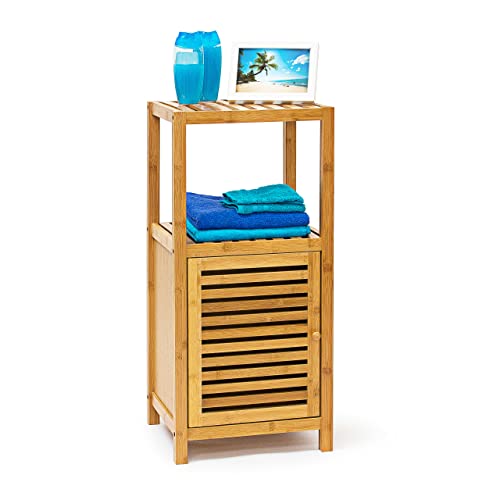 Relaxdays Bamboo Bathroom Shelf with 3 Shelves, 80 x 36.5 x 33 cm, Rack with Wooden Door Free-Standing Shelf Wood 3-Tier Stand, Natural Colour