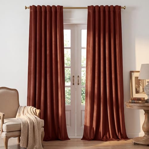 StangH Red Velvet Curtains 108 inches for Living Room, Rust Extra Long Back Tab Home Theater Drapes Room Darkening for Sliding Door/Bedroom, W52 x L108, 2 Panels