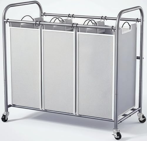 ROMOON Laundry Sorter, 3 Bag Laundry Hamper Sorter with Rolling Heavy Duty Casters, Laundry Organizer Cart for Clothes Storage, Gray
