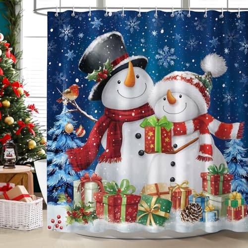Dazzlewall Chirstmas Shower Curtain for Bathroom Mould & Mildew Resistant - Snowman Winter, 183 x 183 cm, Waterproof Polyester Fabric, Quick-Drying, Machine Washable, Included 12 Plastic Hooks