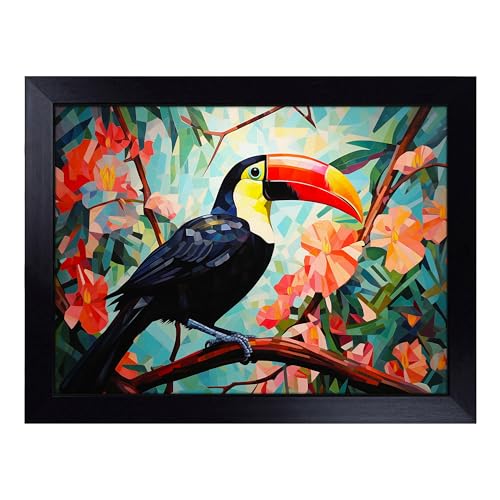 Lap Tray with Bean Bag Cushion, Toucan Art Deco - Handmade in the UK, Raised Wooden Edge, Padded Cushion, Heat-Resistant Wipe-Clean Surface, for Meals, Laptops and Crafts