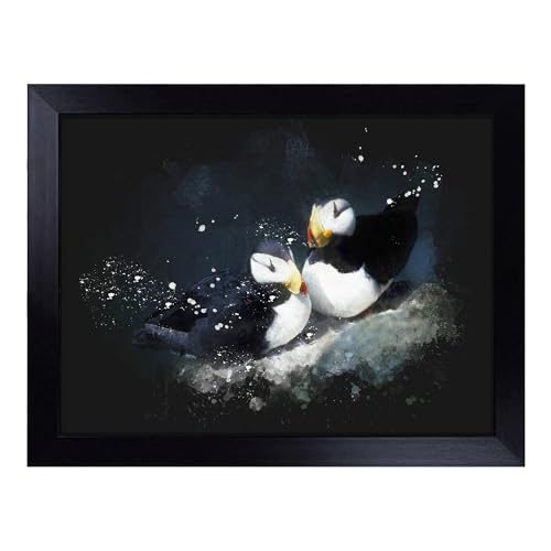 Lap Tray with Bean Bag Cushion, Atlantic Puffin Birds - Handmade in the UK, Raised Wooden Edge, Padded Cushion, Heat-Resistant Wipe-Clean Surface, for Meals, Laptops and Crafts