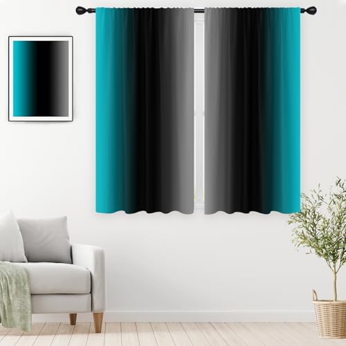 "EGLGCC Black Teal Grey Curtains, Ombre, 2 Panels, 42"" W x 63"" L, Rod Pocket - Two Tone Gradient, Dark Peacock Blue Turquoise, Abstract Art Minimalist, Moody Gothic Halloween Decor, Room Window Drapes"