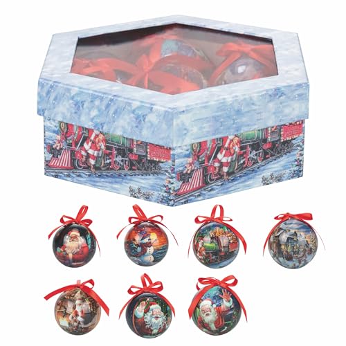Set of 7 Christmas Baubles with Bow, Polystyrene Foam, Diameter 7.5 cm, Santa's House