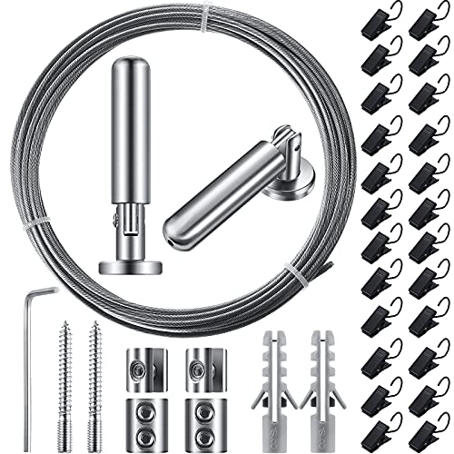 Jetec 196 Inch/ 5 m Wire Curtain Rod Room Divider Hanging System, 1 Set - 48 Clips, Adjustable Tension Curtain Drape Wire Rod Set, Tapestry Photo Picture Kids Craft Art Display, Wall Window Decor
