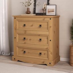Corona Chest of Drawers 3 Drawer Mexican Solid Pine Wood Natural Wax Finish Black Metal Hardware