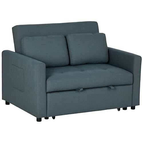 HOMCOM 2 Seater Sofa Bed, 120 cm Convertible Bed Settee, Modern Fabric Loveseat Sofa Couch with 2 Pillows, Side Pockets for Living Room, Guest Room, Charcoal Grey
