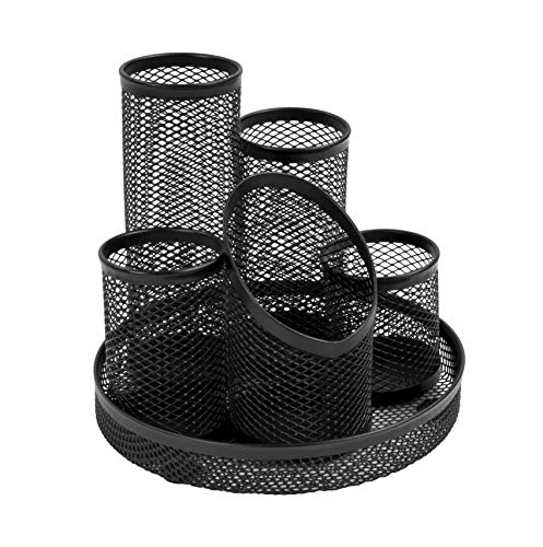 Osco Wire Mesh 5-Tube Pen Pot Desk Tidy, Stationery Organiser for Pens, Pencils, Scissors, Makeup Brushes and Accessories, Compact Storage for Office & Home Desks, Black, 15.2 × 15.2 × 14 cm