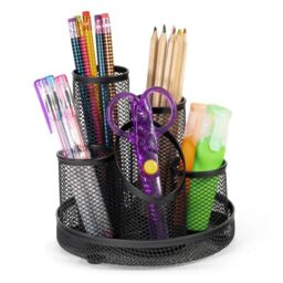 Osco Wire Mesh 5-Tube Pen Pot Desk Tidy, Stationery Organiser for Pens, Pencils, Scissors, Makeup Brushes & Accessories, Compact Storage for Office & Home Desks, Black, D15.5 × W15.5 × H14 cm