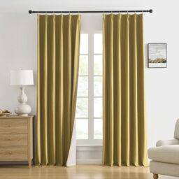 DUALIFE Mustard Yellow Pinch Pleated Blackout Curtains 90 Inches Long, Back Tab with Hooks, Linen Full Black Out Thermal Insulated Track Curtain for Bedroom Living Room,40 W x 90 L, 2 Panels