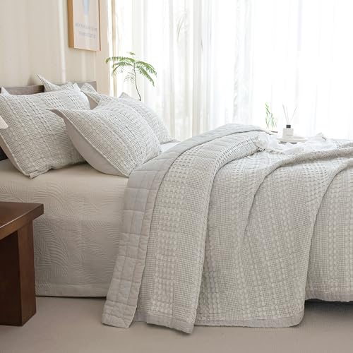 "CozyTide Oversized King Quilt 120""x120"",Khaki Cotton Waffle Bedspread,3 Piece Ultra Soft Lightweight California King Coverlet Quilt Set Farmhouse Shabby Vintage Quilt Bedding Set"