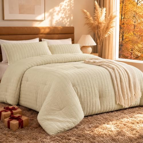 Quataly Oversized Queen Comforter Set Linen,Extra Length Fit for Thick Mattresses,3PCS Seersucker Bedding Comforter for All Season, Oversized Queen Size(98''??98'' Comforter & 2 Pillowcases)