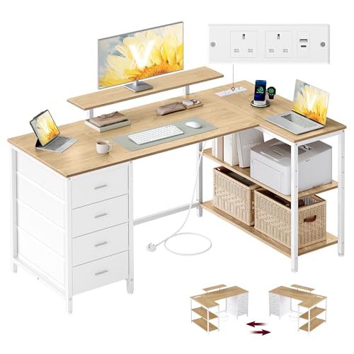 VASAGLE L Shaped Corner Desk with Power Outlets, Computer Gaming Desk with Storage, Reversible Layout, Adjustable Shelves, 4 Drawers, 2 USB Ports, Home Office, 140 x 80 cm, Natural Oak LWD172YD02