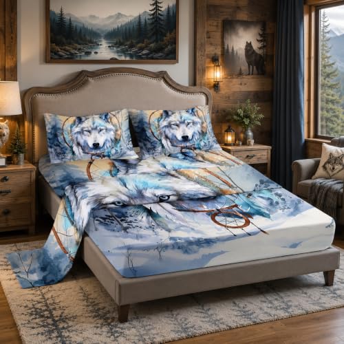 "Nttopship White Wolf 4 Pieces Bed Sheet Sets Full Size White Wolves Bedding Sets with 16"" Deep Pockets Wild Animal Printed Bedroom Decor,Bedding Set 4 PCS(1 Fitted+1 Flat+2 Pillowcases)"