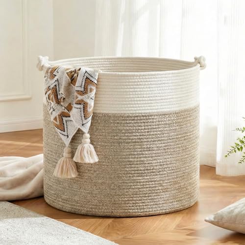 COSYLAND Large Storage Basket for Living Room, Braided Cotton Rope Laundry Basket, Wool Basket/Toy Basket, Blanket Basket, 56 x 36 cm, White Khaki