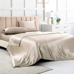 Luxbedding King Size Satin Sheet Set, Taupe, 4 Pieces, Includes 1 Deep Pocket Fitted Sheet, 1 Flat Sheet, 2 Pillowcases