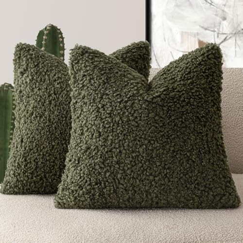 Foindtower 2 Pieces 26x26 Inch Olive Green, Faux Fur Throw Pillow Cover Accent Sherpa Furry Pillow Covers Fuzzy Soft Pillowcases Cozy Sheepskin Decorative Fleece Cushion Case for Bed Couch Living Room