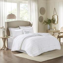 Madison Park All Season Down Alternative Bedding, Matching Shams, Bedskirt, Decorative Pillows, Polyester, White 5pcs, Queen