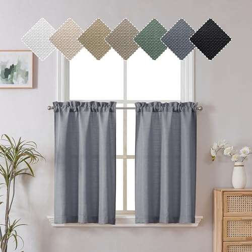 Chyhomenyc Dark Grey Curtains 30 Inch Length, Faux Linen Textured Small Window Curtains, Light Filtering Short Curtains for Bathroom Curtains Window, 30x30 Inch, 2PCS