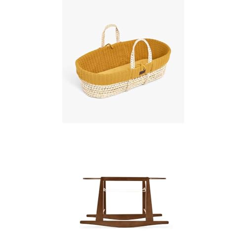 The Little Green Sheep Bundle - Knitted Moses Basket & Mattress, Honey Colour + Rocking Moses Basket Stand, Walnut Colour