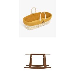 The Little Green Sheep Bundle - Knitted Moses Basket & Mattress, Honey Colour + Rocking Moses Basket Stand, Walnut Colour