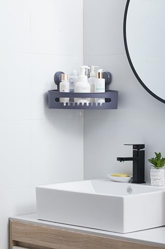 Zuvo Corner Shower Caddy with Suction Cups, No Drill Shelf, Grey - Suction Cup Corner Shower Organiser, Removable Basket, 10 kg Capacity, Plastic, Triangle
