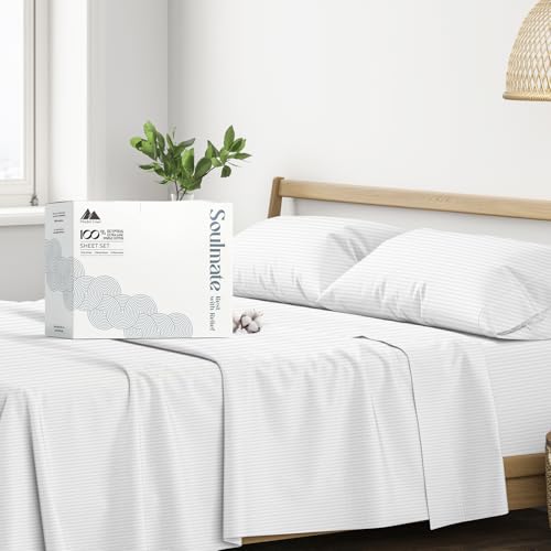 "Mayfair Linen Sheets 100% Egyptian Cotton Queen Size - Luxury 500 Series Queen Sheet Set (4 PC, White - Stripe), Silky Soft, Cooling 16"" Deep Pocket Hotel Quality Bed Sheet - Soulmate Collection"