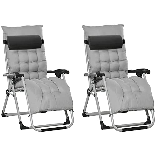 Outsunny 2 Piece Reclining Zero Gravity Chair Metal Frame Folding Garden Sun Lounger with Cushion Headrest, Light Grey