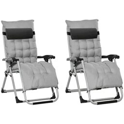 Outsunny 2 Piece Reclining Zero Gravity Chair Metal Frame Folding Garden Sun Lounger with Cushion Headrest, Light Grey