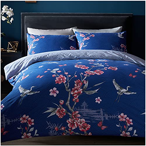 GC GAVENO CAVAILIA Easy Care Floral Single Duvet Cover, Soft & Cosy Botanical Bedding Set, Polycotton Bed Set, Navy