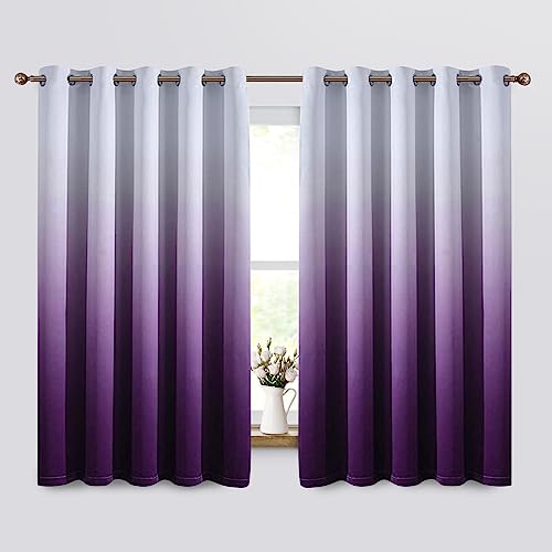 Yakamok 63 Inch Long Ombre Curtains,Thermal Insulated Light Blocking Greyish White to Purple Gradient Color Curtains, Room Darkening Grommet Window Drapes for Living Room/Bedroom(2 Panels,62W x 63L)