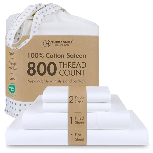 Threadmill Home Linen King Sheets - 800 Thread Count Sateen Weave, 100% Natural Cotton 4 Piece Solid Bedding Set, Extra Long Staple Cotton, Comfortable Hotel White Sheets with Elasticized Deep Pocket